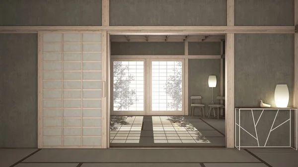 Empty open space with mats tatami and futon floor, plaster walls, wooden roof, chinese paper doors, chairs with lamps, lounge room, window with zen garden shadows, meditation room — ストック写真