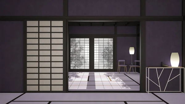 Empty open space, mats, tatami and futon floor, purple plaster walls, wooden roof, chinese paper doors, chairs with lamps, lounge room, window with zen garden shadows, meditation room — ストック写真