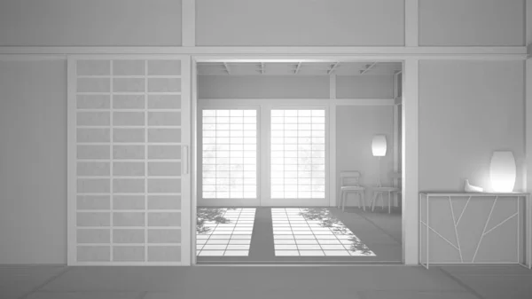 Borrador de proyecto blanco total, espacio abierto vacío con tatami esteras y suelo de futón, techo de madera, puertas de papel chino, sillas con lámparas, sala de estar, ventana con jardín zen, meditación —  Fotos de Stock