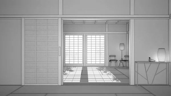 Unfinished project draft of empty open space with mats tatami and futon floor, wooden roof, chinese paper doors, chairs with lamps, lounge room, window with zen garden, meditation — ストック写真