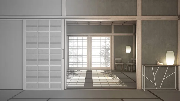 Konsep perancang interior arsitek: ruang terbuka kosong dengan tatami tikar dan lantai futon, atap kayu, pintu kertas cina, kursi dengan lampu, ruang tunggu, jendela dengan taman zen — Stok Foto