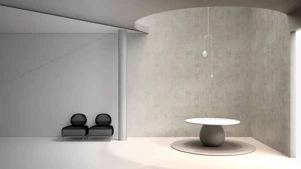 Architect interior designer concept: unfinished project that becomes real, classic metaphysics interior design, lobby, hall, table and lamp, empty space, architecture concept project