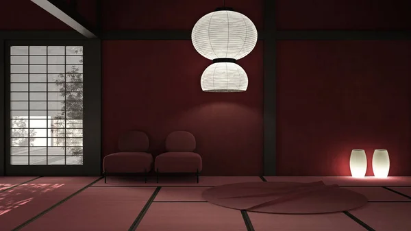 Ruang terbuka yang kosong, tikar, tatami dan lantai futon, dinding plester merah, atap kayu, kursi dengan karpet dan lampu liontin kertas, ruang tunggu, bayangan pohon jendela, desain interior — Stok Foto