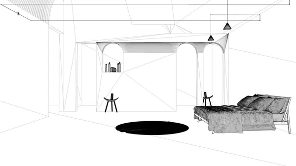 Σχέδιο έργου σχέδιο, κλασικό σκυρόδεμα εσωτερικό χώρο, υπνοδωμάτιο με κρεβάτι και στρογγυλό χαλί, γεωμετρική κατασκευή με κρεμαστά φωτιστικά και καρέκλες — Φωτογραφία Αρχείου