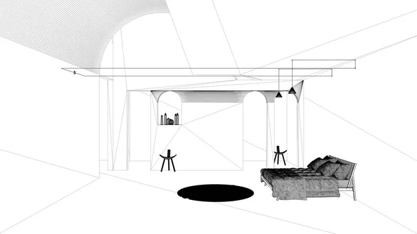 Projekt planu projektu, klasyczna betonowa przestrzeń wewnętrzna, sypialnia z łóżkiem i okrągłym dywanem, projekt konstrukcji geometrycznych z lampami i krzesłami wiszącymi — Zdjęcie stockowe