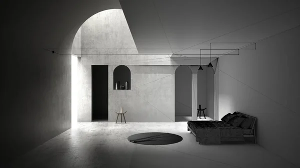 Концепция архитектора интерьера: незавершенный проект, который становится реальным, классическим бетонным интерьером, спальня, кровать, круглый ковер, геометрический дизайн конструкций, светильники и стулья — стоковое фото