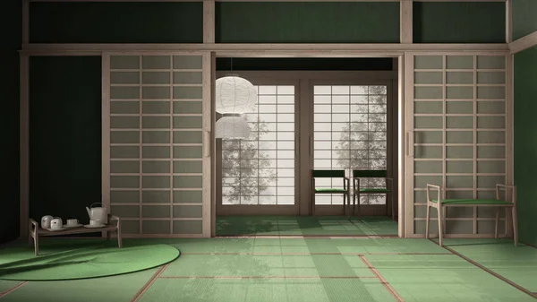 Diseño interior oriental, espacio abierto, sala verde vacía con futón, tatami, techo de madera, puerta de papel de arroz, salón de té tradicional, alfombra, bandeja con juego de té, sillas y lámpara colgante clásica — Foto de Stock