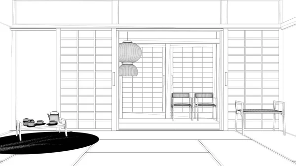 Projet de projet Blueprint, design d'intérieur oriental, espace ouvert, pièce vide avec futon, tatami, salon de thé traditionnel, tapis avec plateau avec ensemble de thé, chaises et lampe suspendue classique — Photo