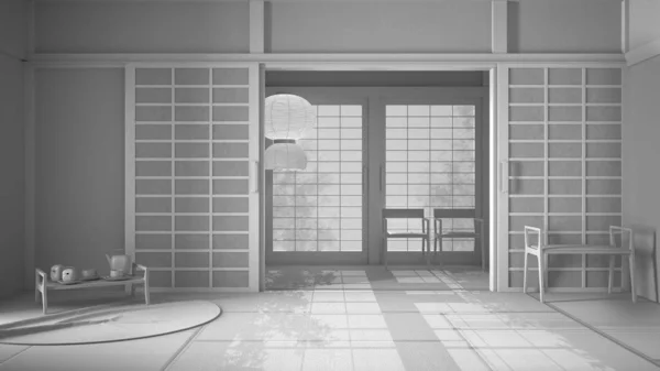 Insgesamt weißer Projektentwurf, östliche Innenarchitektur, offener Raum, leerer Raum mit Futon, Tatami, traditionelle Teestube, Teppich mit Tablett mit Tee-Set, Stühle und klassische Pendelleuchte — Stockfoto