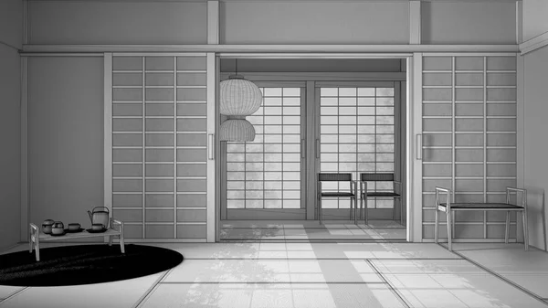 Proyecto de proyecto sin terminar, diseño interior oriental, espacio abierto, sala vacía con futón, tatami, salón de té tradicional, alfombra con bandeja con juego de té, sillas y lámpara colgante clásica — Foto de Stock