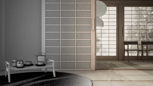Architect interior designer concept: unfinished project that becomes real, eastern design, empty room with futon, tatami, traditional tearoom, tea set, chairs and pendant lamp