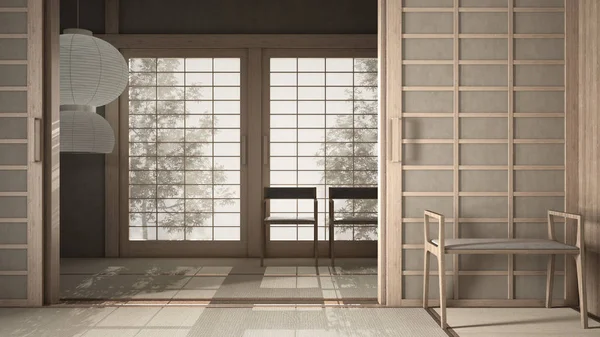 Ruang terbuka yang kosong dengan tikar tatami dan lantai futon, dinding plester, atap kayu, pintu kertas cina, kursi dengan lampu, ruang tunggu, jendela dengan bayangan taman zen, ruang meditasi — Stok Foto