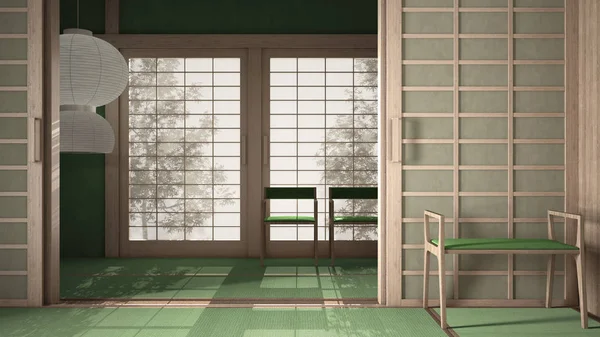 Empty open space, mats, tatami and futon floor, green plaster walls, wooden roof, chinese paper doors, chairs with lamps, lounge room, window with zen garden shadows, meditation room