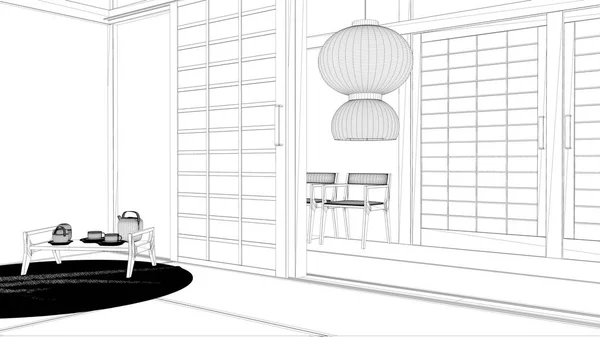Proyek cetak biru draft, desain interior timur, ruang terbuka, ruang kosong dengan futon, tatami, ruang air mata tradisional, karpet dengan nampan dengan set teh, kursi dan lampu liontin klasik — Stok Foto