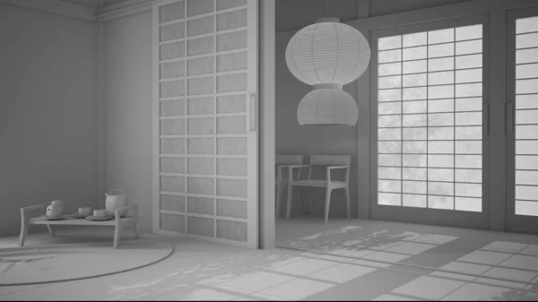 Projet blanc total, design d'intérieur oriental, espace ouvert, chambre vide avec futon, tatami, salon de thé traditionnel, tapis avec plateau avec ensemble de thé, chaises et lampe suspendue classique — Photo