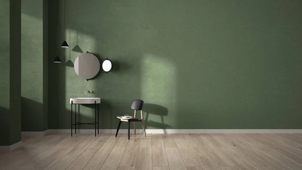 석고 벽 과 응접실로 된 바닥 이 있는 최소 욕실, 싱크대, 거울, 의자 및 펜던트 램프가 있는 빈 방. 녹색 인테리어 디자인 개념 복사 공간, 템플릿 mock-up — 스톡 사진
