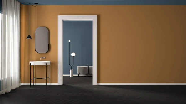 Minimalistická koupelna se sádrovými stěnami a parketovou podlahou, prázdný pokoj s umyvadlem a zrcadlem, dveře s pokojem v pozadí. Modrá a žlutá koncepce interiéru s kopírovacím prostorem — Stock fotografie