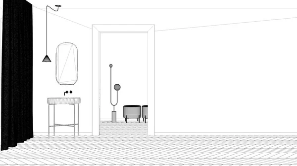 Проект чертежа, минималистская ванная комната с гипсовыми стенами и паркетным полом, пустая комната с раковиной и зеркалом, дверь на заднем плане. Концепция интерьера с копировальным пространством — стоковое фото