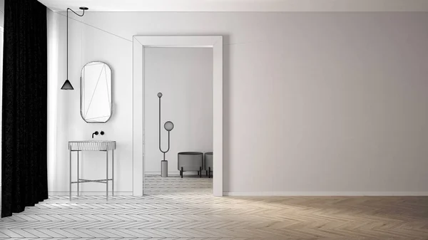 Arquitecto concepto de interiorista: proyecto inacabado que se convierte en real, baño minimalista, paredes de yeso, parquet, habitación vacía con lavabo y espejo. Concepto de diseño con espacio de copia — Foto de Stock