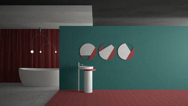 Minimální moderní koupelna v prázdném otevřeném prostoru, červená a tyrkysová architektura koncepce šablony s kopírovacím prostorem. umyvadlo se zrcadly, dlaždicemi, vanou, závěsnou lampou a závěsem, mramorovou podlahou — Stock fotografie