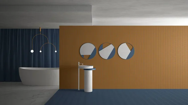 Мінімальний сучасний санвузол у порожньому відкритому просторі, жовта та синя архітектура концептуальний шаблон з копіювальним простором. Раковина з дзеркалами, плиткою, ванною, підвісною лампою і завісою, мармуровою підлогою — стокове фото