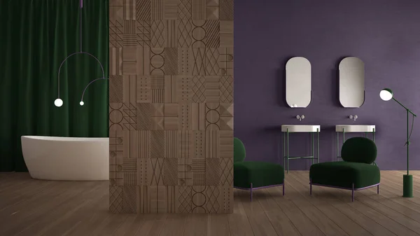 Moderno bagno minimalista astratto verde e viola con parete divisoria in legno decorata, pavimento in parquet, parete in gesso, poltrona in velluto, vasca con lampada, doppio lavabo, specchio — Foto Stock