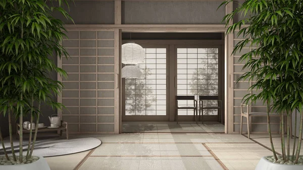 Interior Zen dengan tanaman bambu pot, konsep desain interior alami, ruang kosong dengan futon, tatami, pintu kertas beras, ruang air mata tradisional, nampan dengan set teh, kursi liontin lampu — Stok Foto