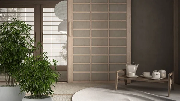 Interior Zen dengan tanaman bambu pot, konsep desain interior alami, ruang kosong dengan futon, tatami, pintu kertas beras, ruang air mata tradisional, nampan dengan set teh, kursi liontin lampu — Stok Foto