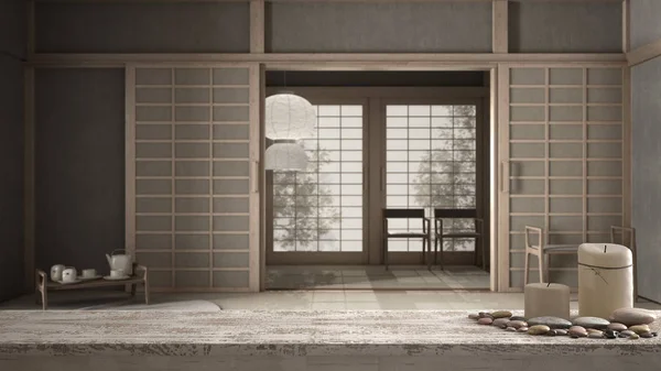 Piano d'epoca in legno o mensola con candele e ciottoli, umore zen, stanza vuota con futon, tatami, porta di carta di riso, sala da tè tradizionale, idea di design d'interni zen — Foto Stock