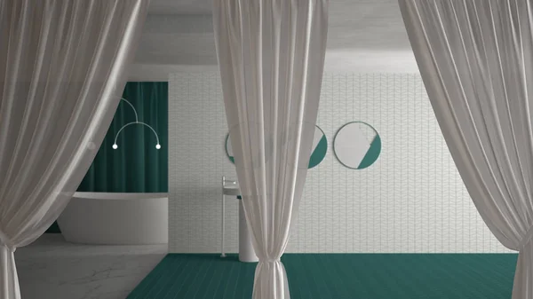 흰색 오프닝 커튼 이 현대식 화장실, 인테리어 디자인 배경, 전면 뷰, 피싱 경로, 세로접기, 부드러운 툴레 직물 질감, 복사 공간의 무대 컨셉 — 스톡 사진