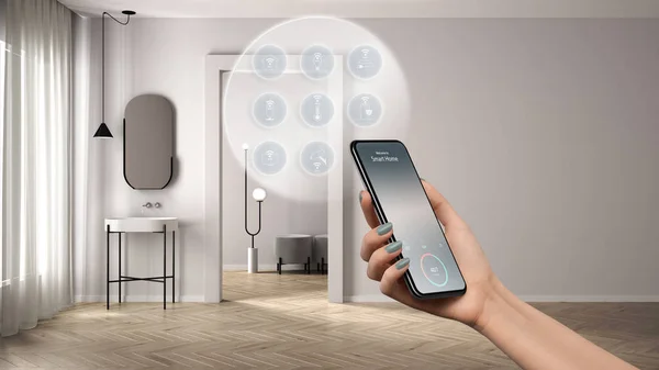 Smart home technology interface on phone app, augmented reality, internet of things, interior design of white bathroom with connected objects, woman hand holding remote control device