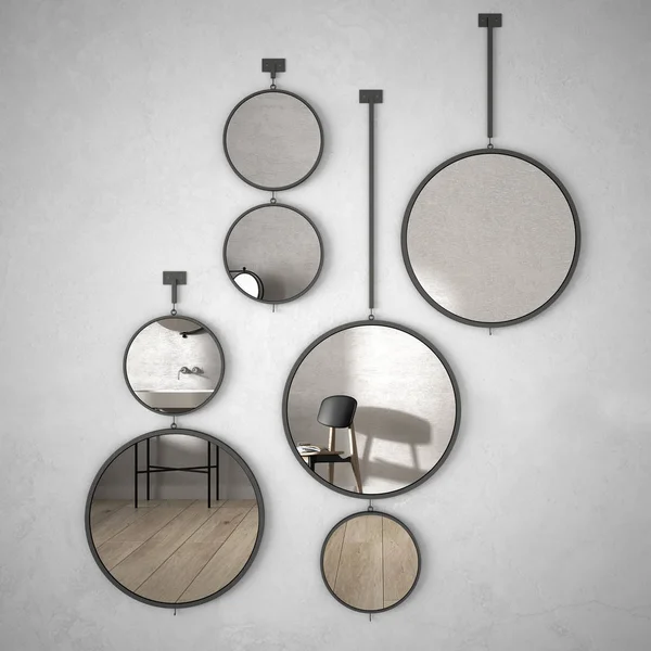 Round mirrors hanging on the wall reflecting interior design scene, minimalist white bathroom, modern architecture concept idea