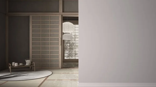 Empty japanese tea room with tatami, futon, rice paper door, chairs and pendant lamp on a foreground wall, interior design architecture concept with copy space, blank background