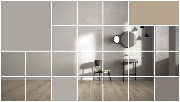 Effetto grafico geometrico quadrato a mosaico con spazio di copia per testo, modello di presentazione, idea mockup, bagno di lusso minimale con lavabo, specchio e sedia, concept interior design — Foto Stock