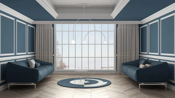 Cameră de zi clasică albă și albastră, pereți de stuc, fereastră panoramică mare pe peisajul de iarnă, podea de parchet herringbone, canapea dublă cu perne, perdele. Design interior contemporan — Fotografie, imagine de stoc