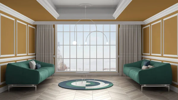 Классическая раскрашенная гостиная, лепные стены, большое панорамное окно на зимний пейзаж, паркетный пол, двойной диван с подушками, шторы. Современный дизайн интерьера — стоковое фото