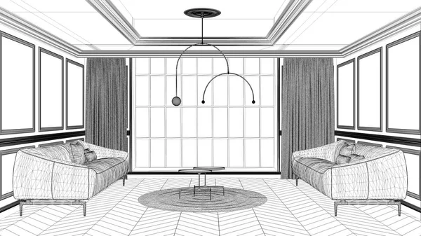 Blueprint project draft, classic living room with stucco walls and big panoramic window, herringbone parquet floor, double sofa with pillows, curtains. Contemporary interior design