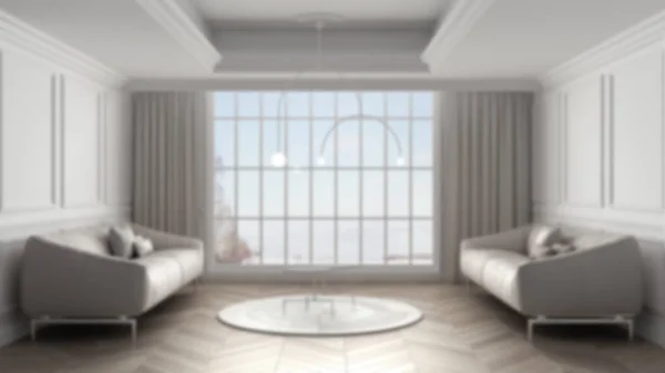 Дизайн интерьера в размытом стиле: классическая гостиная с лепными стенами и большим панорамным окном, паркетный пол из сельди, двойной диван, подушки, шторы. Современная архитектура — стоковое фото