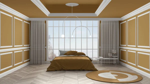 Классическая бело-оранжевая спальня с лепниной, панорамным окном на зимний пейзаж, паркетным полом, кроватью с подушками, шторами, ковром. Современный дизайн интерьера — стоковое фото