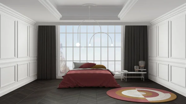 Классическая цветная спальня с лепниной и большим панорамным окном на зимний пейзаж, паркетный пол, кровать с подушками, шторами, ковром. Современный дизайн интерьера — стоковое фото