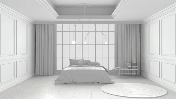 Projet blanc total, chambre classique avec murs en stuc, grande fenêtre panoramique sur le paysage hivernal, parquet, lit avec oreillers, rideaux, tapis. Design d'intérieur contemporain — Photo