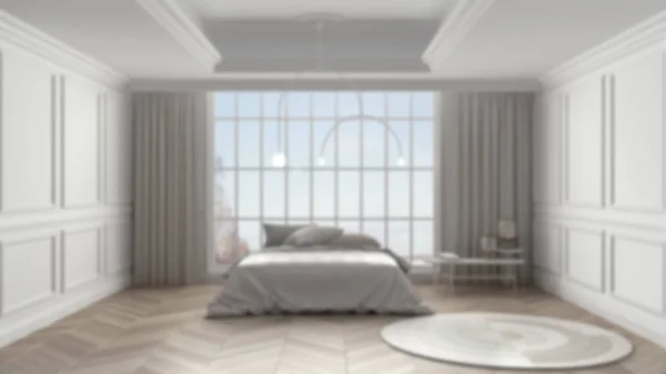 푸른 배경 인테리어 디자인: 전통적 인 침실에 는 석조 벽 이 있고, 겨울 풍경에는 커다란 파노라마 창 이 있고, 선반, 커튼, 카펫 이 있는 침대가 있다. 현대 건축 양식 — 스톡 사진