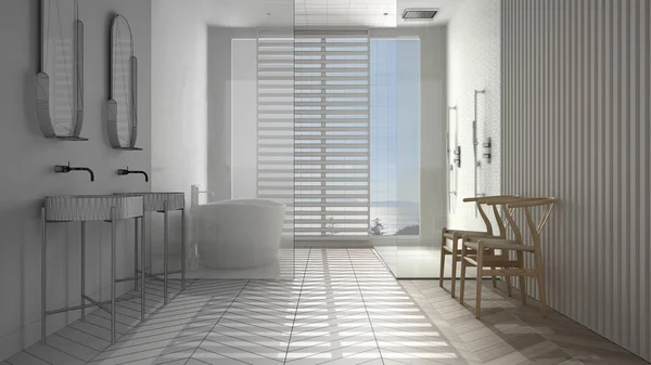 Концепция дизайнера интерьеров: незавершенный проект, который становится реальным, современная ванная комната, паркет из сельди, окно, ванна, душ, раковина, минимальная концепция дизайна интерьера — стоковое фото