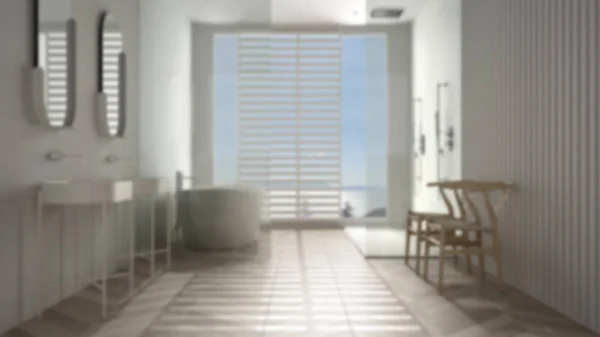 흐릿 한 배경 인테리어 디자인: 얼룩 뼈로 된 응접실 바닥 이 있는 현대식 욕실, 파노라마 창, 욕조, 샤워 및 더블 싱크, 최소한의 밝은 건축 개념 — 스톡 사진