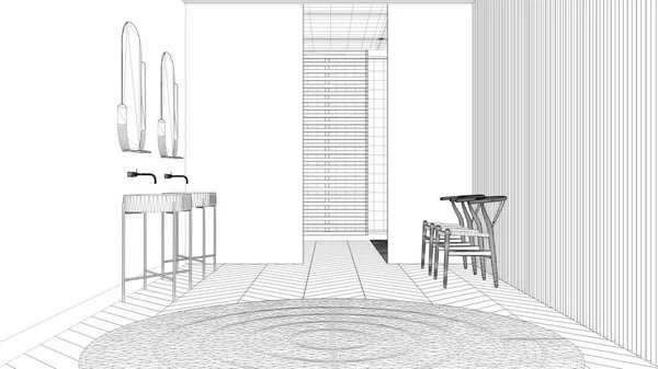 Projekt projektu Blueprint, luksusowa nowoczesna łazienka z podłogą parkietową ze śledziony, panoramiczne okno, wanna, prysznic i podwójny umywalka, minimalny jasny pomysł na projekt wnętrza — Zdjęcie stockowe