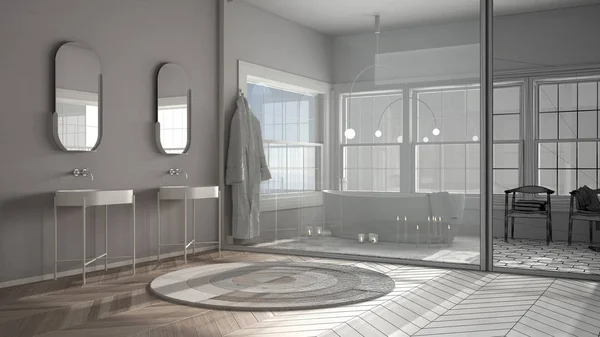 Architect interior designer concept: unfinished project that becomes real, scandinavian bathroom, parquet and tiles, stained glass window, bathtub, candles, classic vintage design