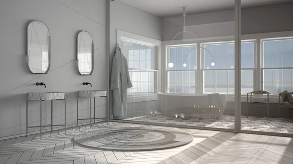 Architect interior designer concept: unfinished project that becomes real, scandinavian bathroom, parquet and tiles, stained glass window, bathtub, candles, classic vintage design