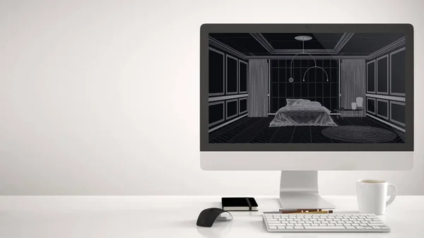 Architect huis project concept, desktop computer op witte achtergrond, bureau met Cad schets, klassieke slaapkamer met master bed, tapijt, hanglamp en groot raam — Stockfoto
