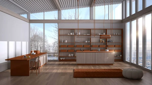 Modern orange colored wooden kitchen with island, stools, carpet and accessories, parquet, corrugated sheet roof, panoramic windows on winter view, snow, minimalist interior design