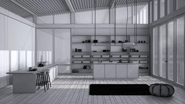 Niedokończony projekt nowoczesnej kuchni z podwójną wyspą, stolcem, dywanem i akcesoriami, parkietem, dachem z blachy falistej, oknami panoramicznymi, minimalistycznym wystrojem wnętrz — Zdjęcie stockowe